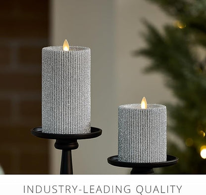 Luminara Brilliant Silver Glitter Ribbed Flameless LED Candle Moving Flame Pillar, Real Wax, Flat Top, Timer (3.25" x 4.5")