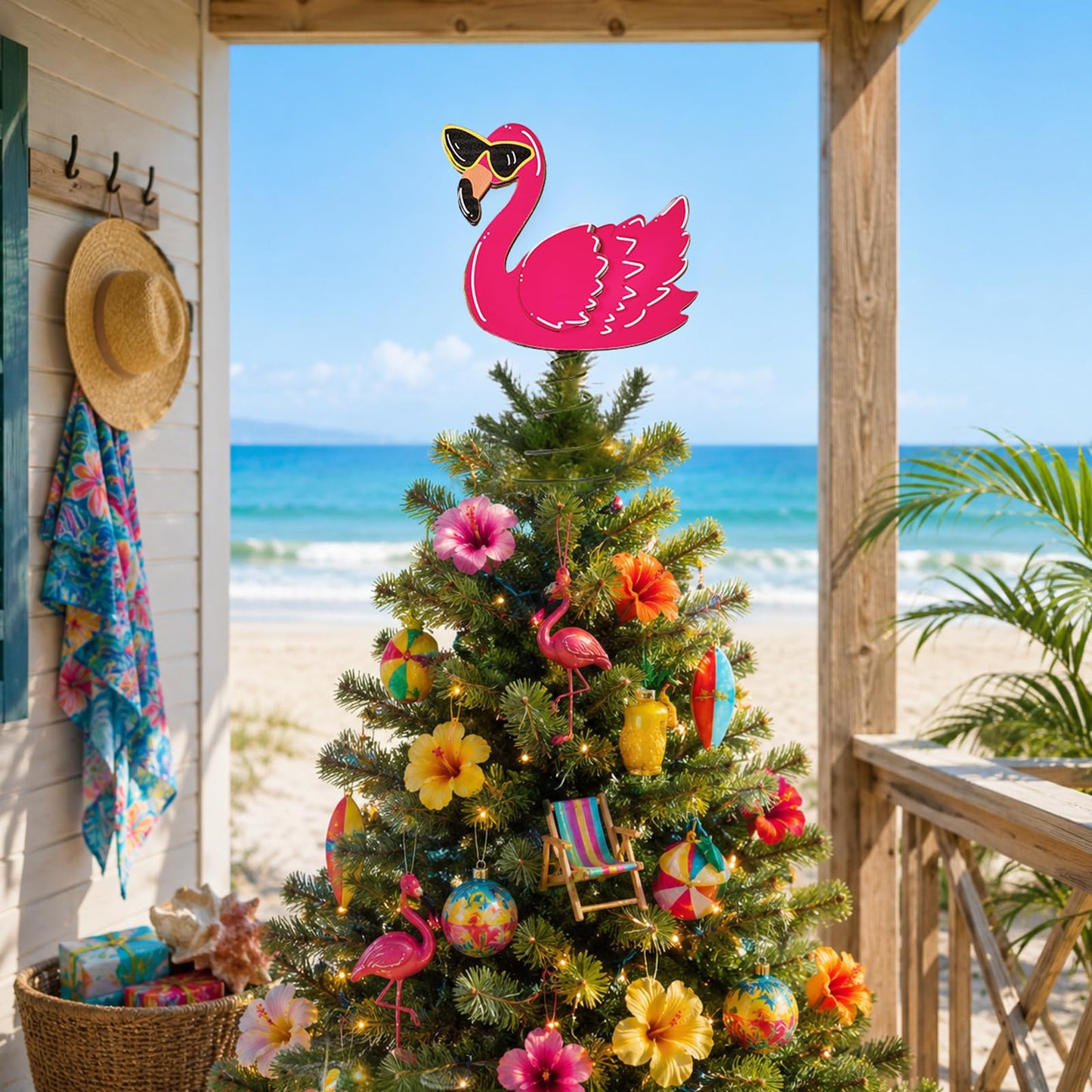 APUDWN 10 x 7.7 Inch Pink Flamingo Tree Decorations with LED Lights, Wooden Summer Tree Topper for Tropical Pool Party Christmas in July Beach Theme Battery Powered Lighted Holiday Decor