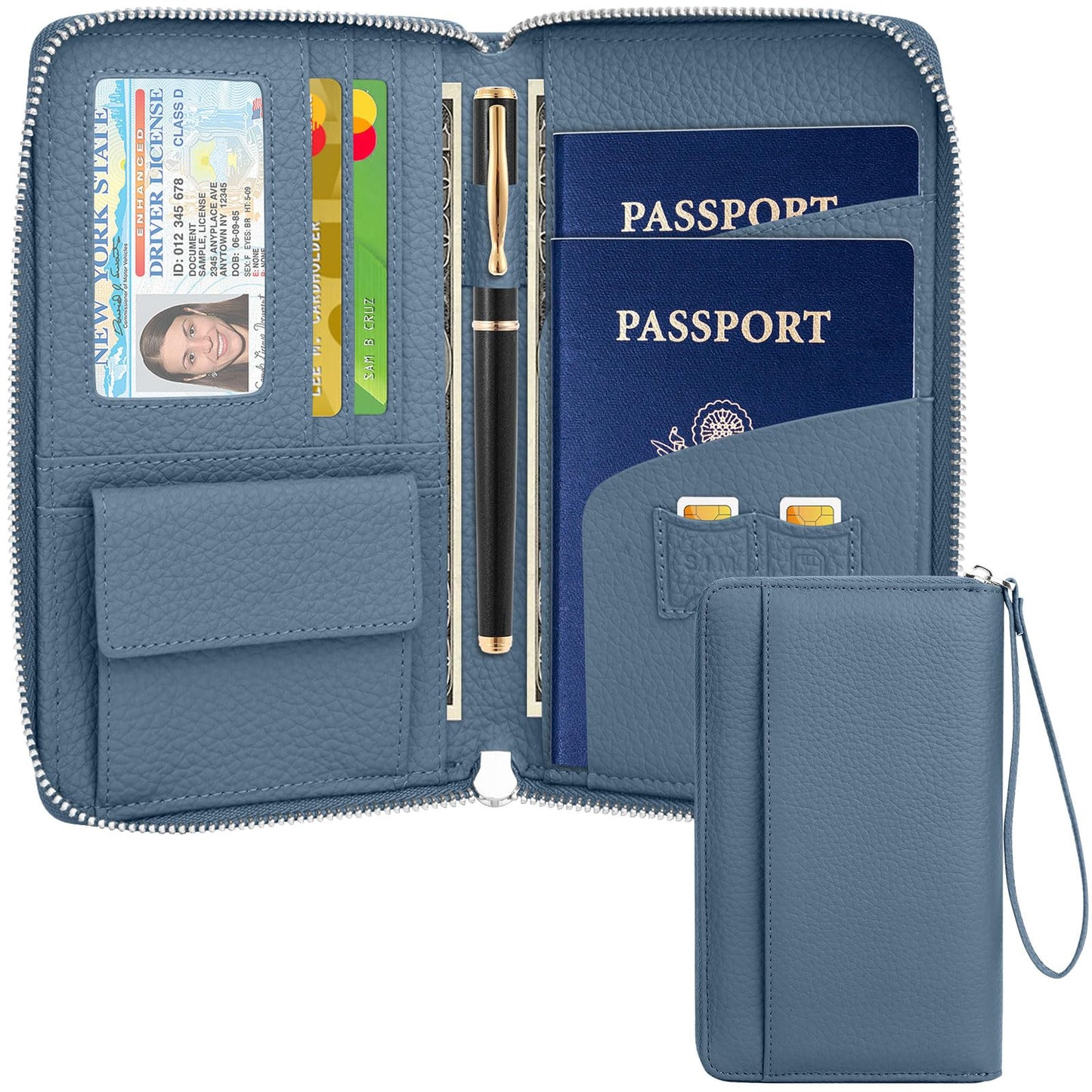 NEWIROVE Passport Holder For Travel, Leather Passport Holder RFID Passport Wallet With Zipper Coin Pocket And Wristlet Strap Women And Men Passport Case For Credit Card, ID, Cash.Blue