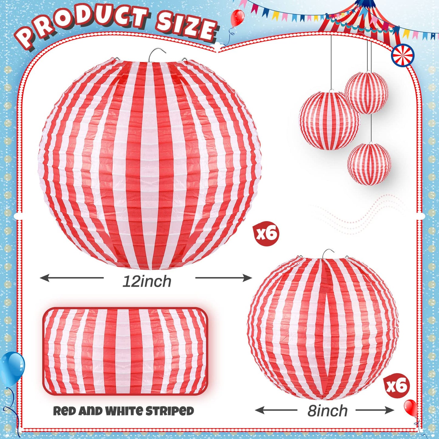 Hortsun 12 Pcs Carnival Circus Decorations Red and White Stripes Paper Lanterns Chinese Hanging Paper Lanterns for Carnival Circus Wedding Birthday Party Baby Shower Home Decoration
