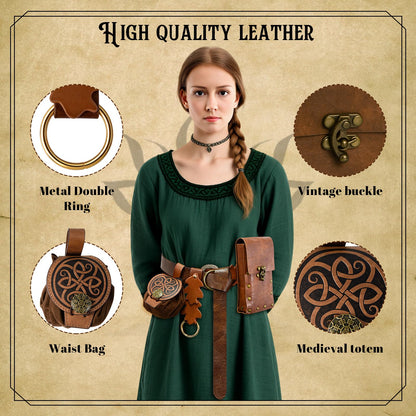 Renaissance Belt Pouch for Women, Medieval Belts Leather Waist Bag Fair Belt Renaissance Accessories for LARP Halloween Cosplay Costume (Brown-1)