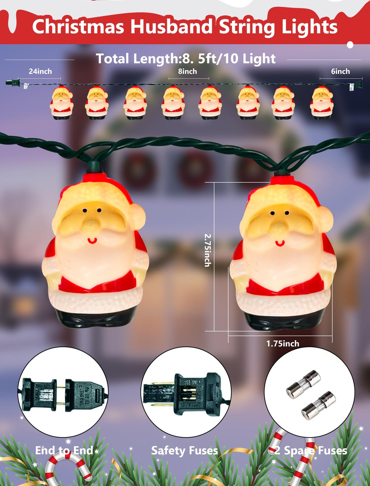 Xingzd 8.5Ft Christmas Santa Light, Christmas Decorations String Lights with 10 Santa Claus Bulbs, Plug in Hanging Fairy Lights for Indoor Party Kid's Room Xmas Tree Patio Bedroom Garden Decor