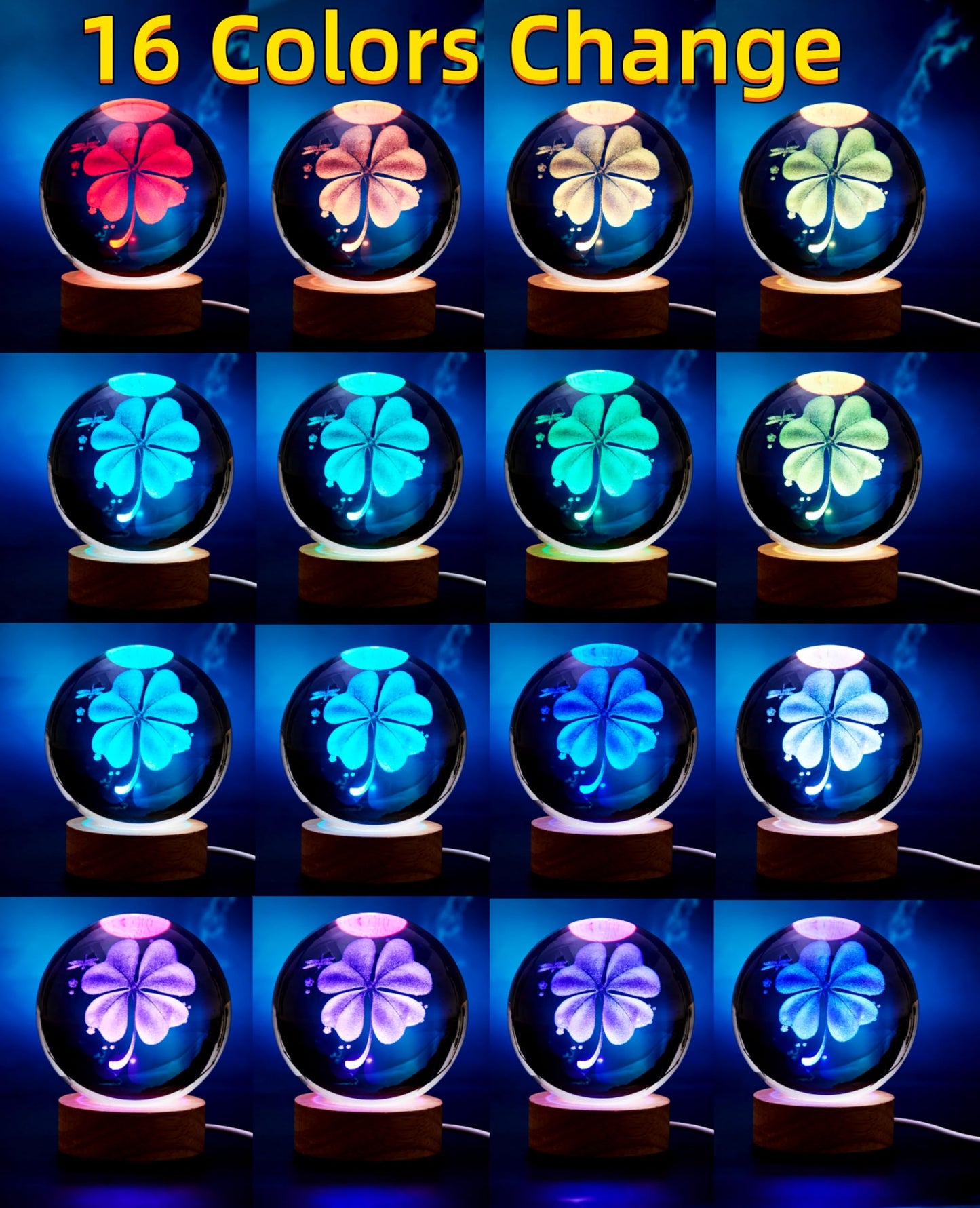 Conalisk 3D Four-Leaf Clover Crystal Ball Lamp,Lifelike 3D LED Clover Night Light,16 Colors Changing Light,Dimmable Remote Control,Clover Lamp Gift (Four-Leaf Clover)