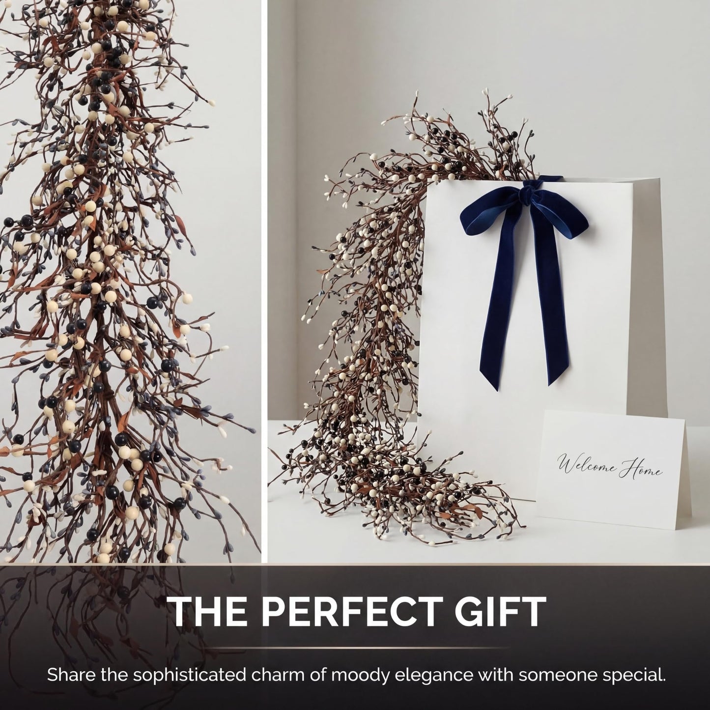 Quixem 60 Inch (5FT) Rustic Navy Blue Black & Cream Pip Berry Garland for Fireplace Mantel & Table Runner, Flexible Wired Artificial Vine, Coastal Farmhouse Decor, Precise Size