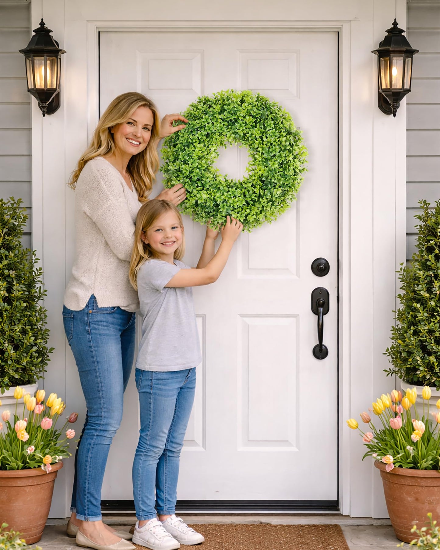 DDHS 20" Boxwood Wreaths Front Door, Artificial Spring Summer Wreath with Sash and Foldable, Year Round Indoor Outdoor for Farmhouse Fireplaces and Porches DIY St Patricks Day Decor-Gradient Green