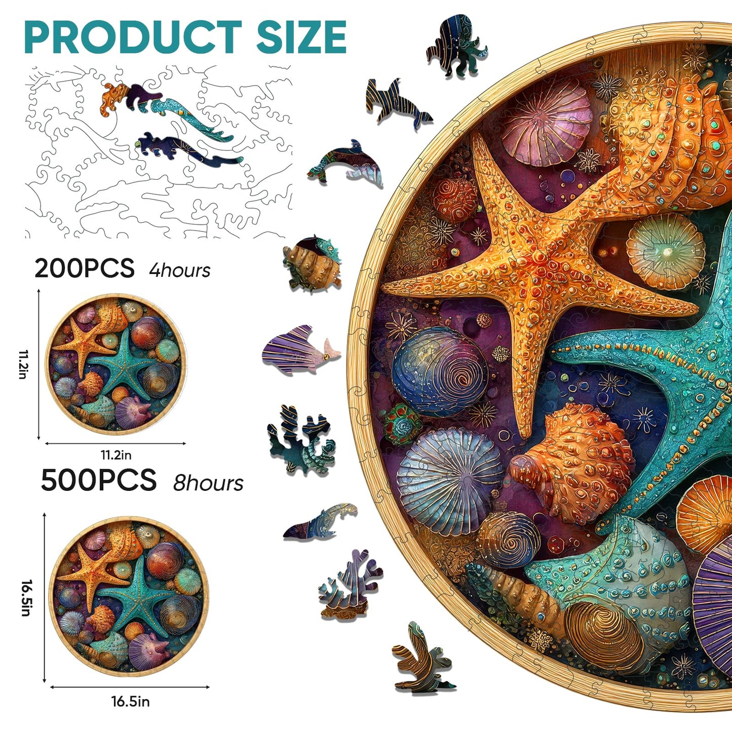 Mocfesk Wooden Puzzles for Adults, Shell Starfish Puzzles 200 Pieces, Unique Shaped Underwater Ocean Jigsaw Puzzles, Birthday Gifts Fun Family Game 11.2'' x 11.2''