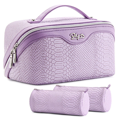 BOYATU Travel Makeup Bags for Women: 3 Pcs Set Wide Open Cosmetic Bag - Portable Make up Bags with Handle - Vegan Leather Toiletry Organizer Bag with Divider (G-01-Purple)