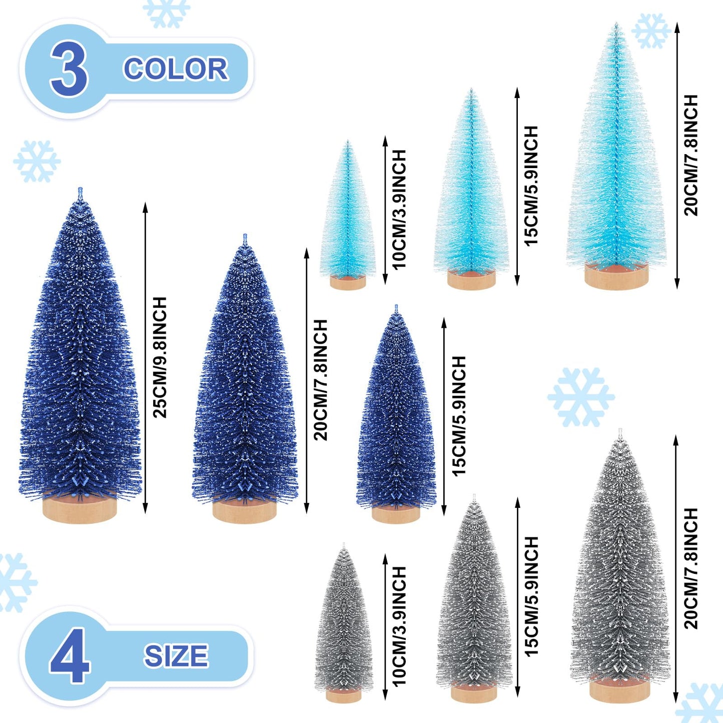Leyndo 9 Pcs Blue Classic Artificial Mini Christmas Tree Sisal Bottle Brush Trees with Wood Base Christmas Pine Trees for Autumn Winter Holiday Home Kitchen Party Decor
