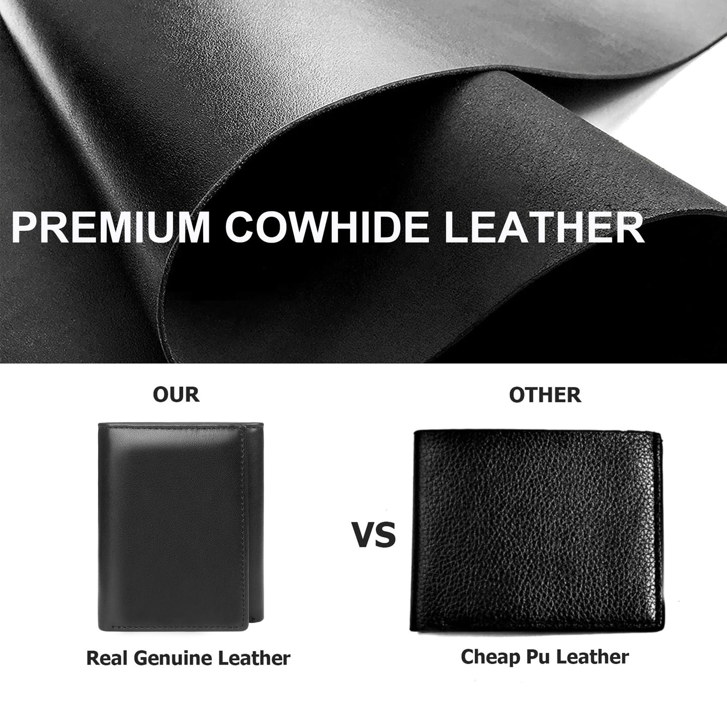 BSMUWOT Genuine Leather Trifold Wallet for Men, Rfid Blocking Tri fold Mens Wallets with ID Window (Black)