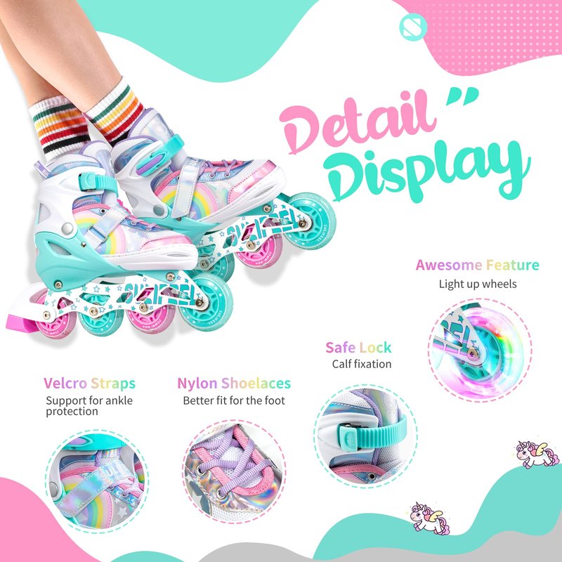 SULIFEEL Rainbow Unicorn Inline Skates for Girls Boys 4 Size Adjustable Light up Wheels Skates for Kids Beginner