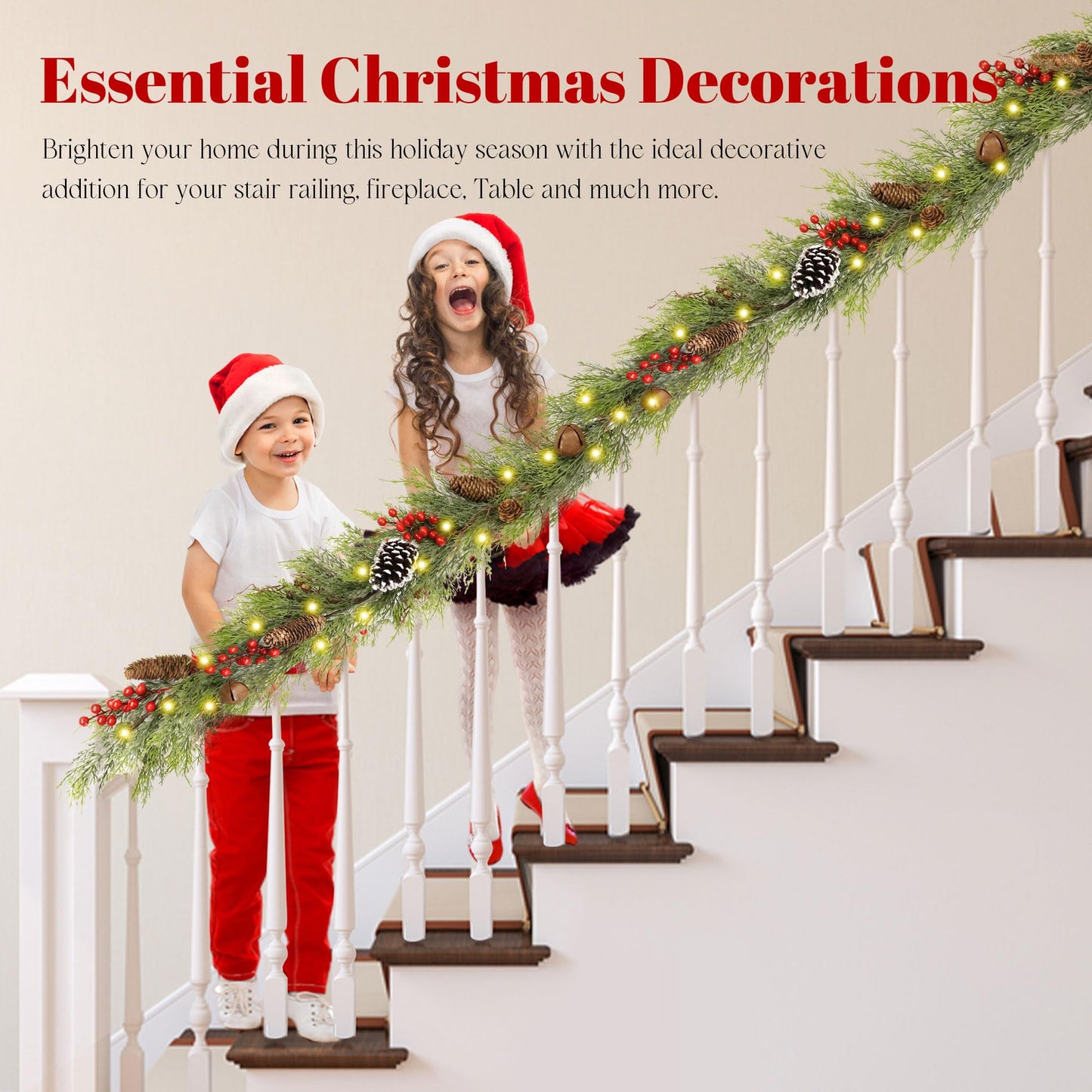6FT Christmas Cedar Garland with Lights,Artificial Realistic Battery Operated Green Garland Christmas Decorations for Home Mantel Stairs Railing Dining Table Winter Decor