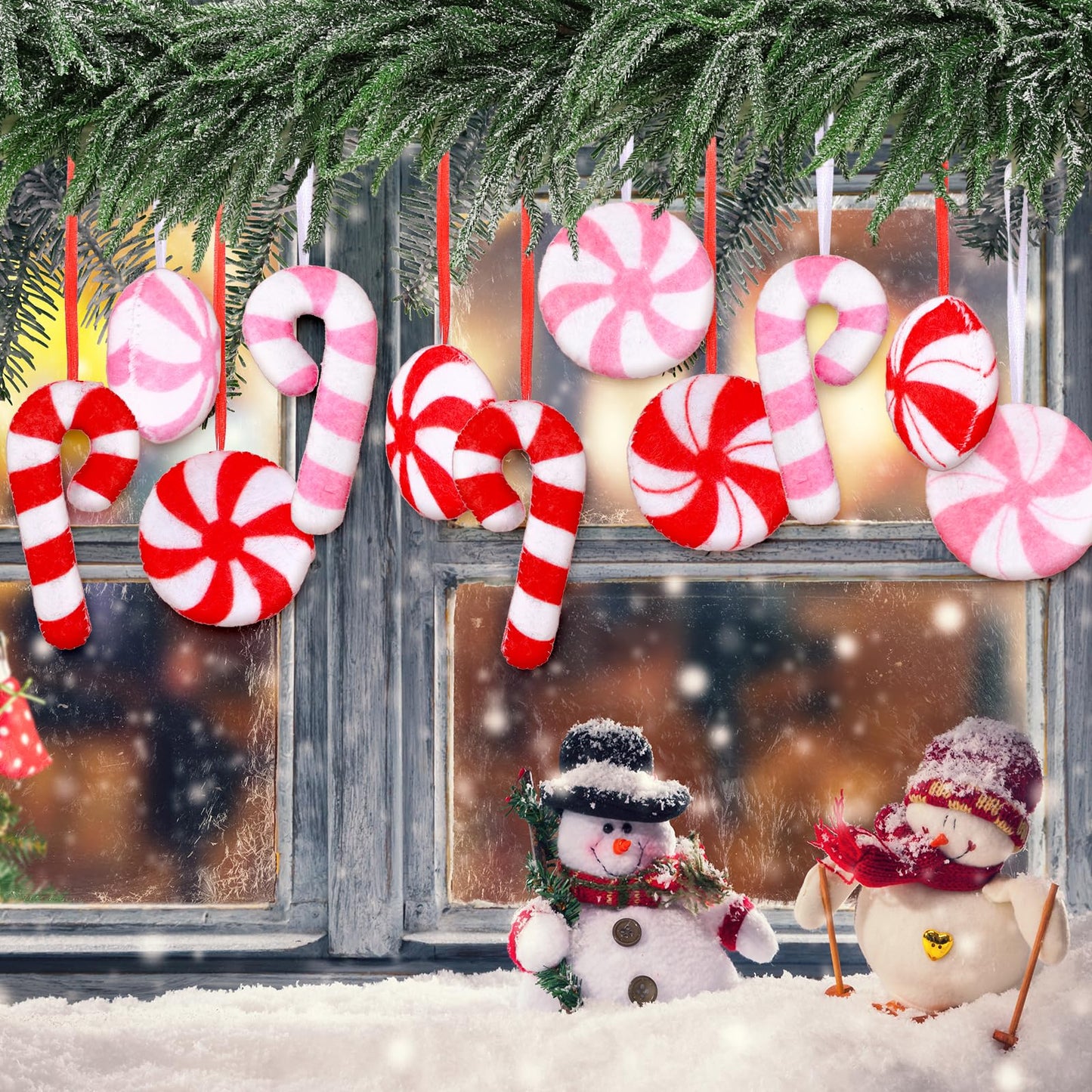 Whaline Christmas Felt Candy Canes Ornament Set Xmas Red Pink White Candy Hanging Decorations with String for DIY Garland Art Crafts Home Party Decor Supplies, 24 Pcs