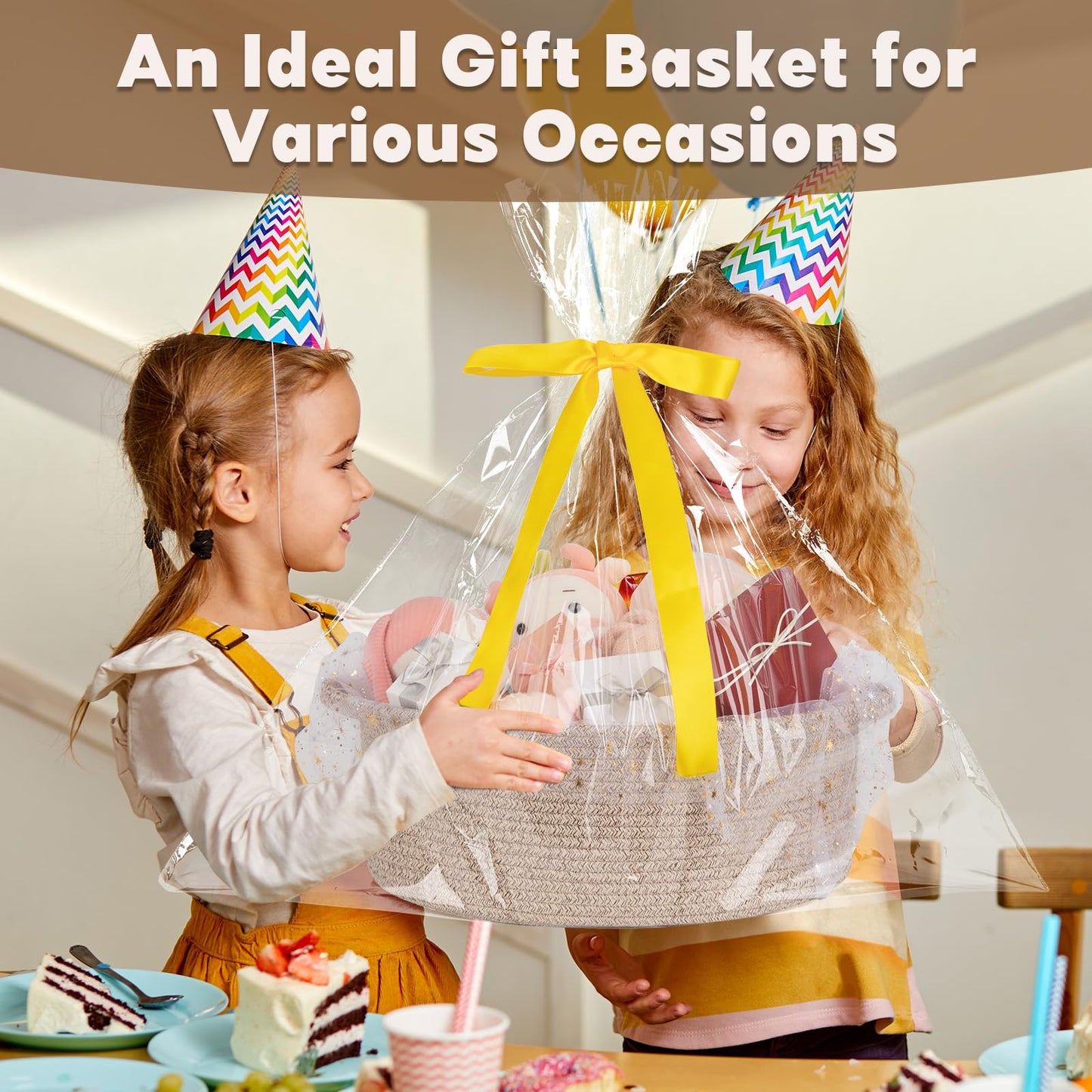 OIAHOMY Large Gift Basket Empty 17" x 12.6" x 7", Storage Basket with Gift Bag, Ribbon and Glitter Tulle for DIY Anytime, Toy Storage for Kids, Dogs with Handles in A Stylish Design - Brown
