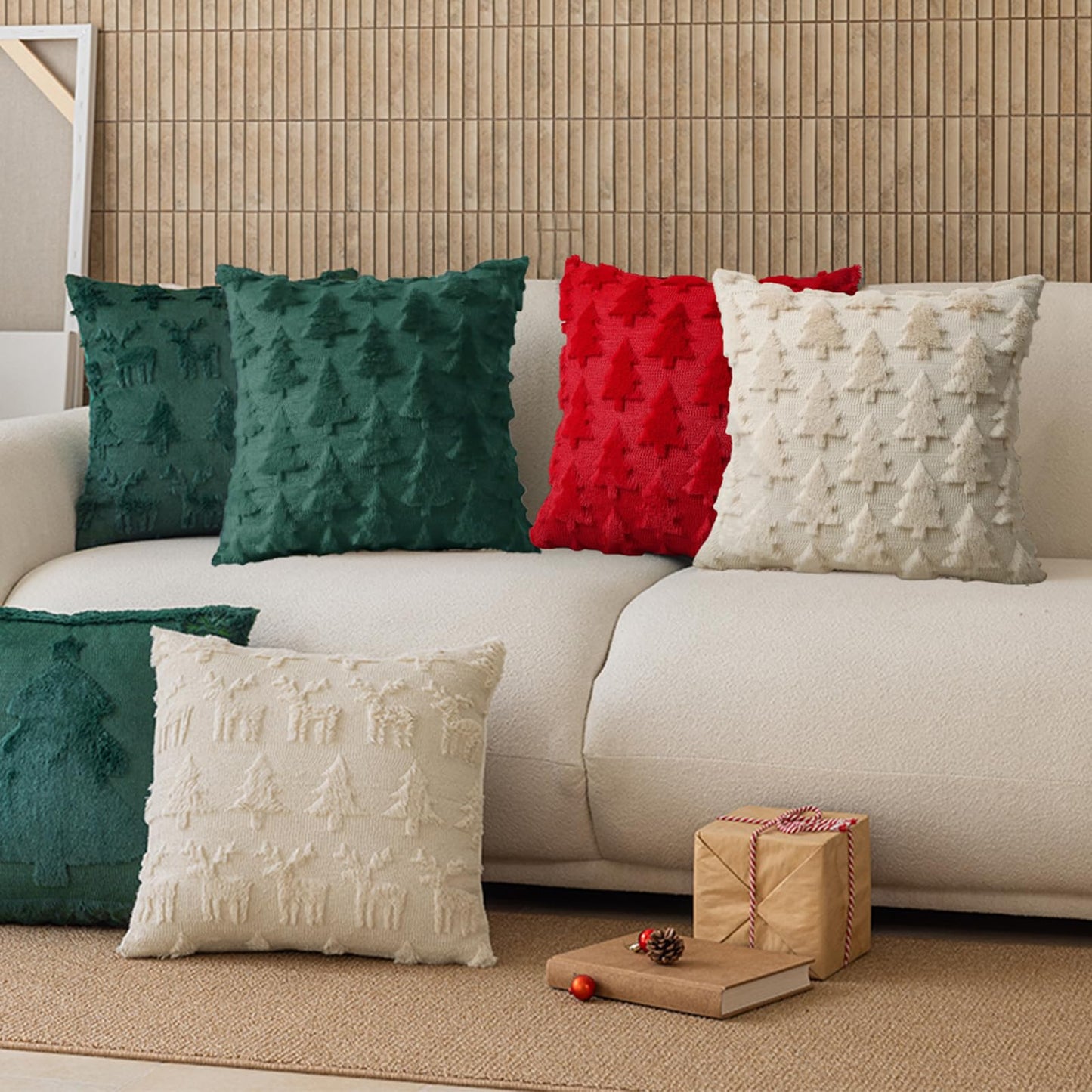 ONFAON Christmas Decorations - Christmas Pillow Covers 18x18 Inch Set of 2 Christmas Tree Decorative Red Soft Plush Faux Fur Throw Pillows Winter Holiday Decor Throw Cushion Case for Home Couch