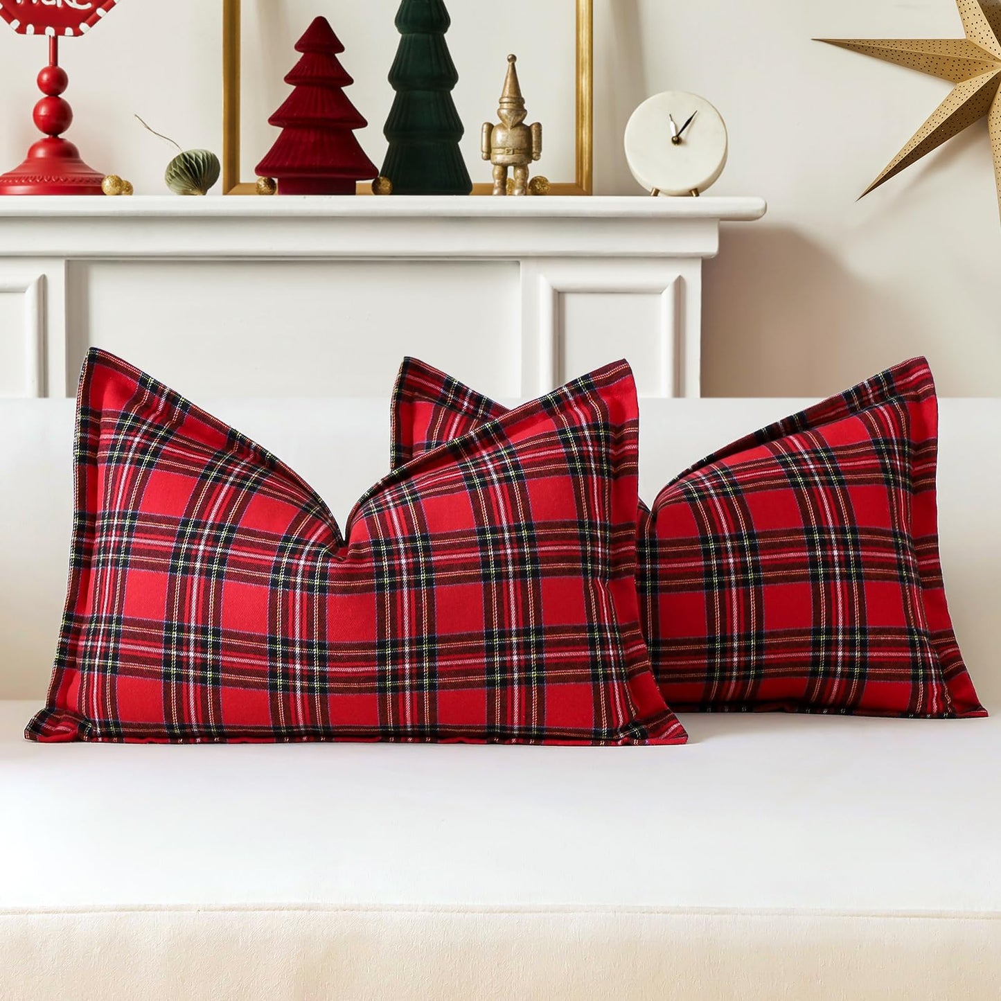 OTOSTAR Pack of 2 Christmas Scottish Plaid Throw Pillow Covers Decorative Check Tartan Lumbar Pillow Covers with Stitched Edge for Sofa Couch Bed Farmhouse Home Decor 12x20 Inches, Red