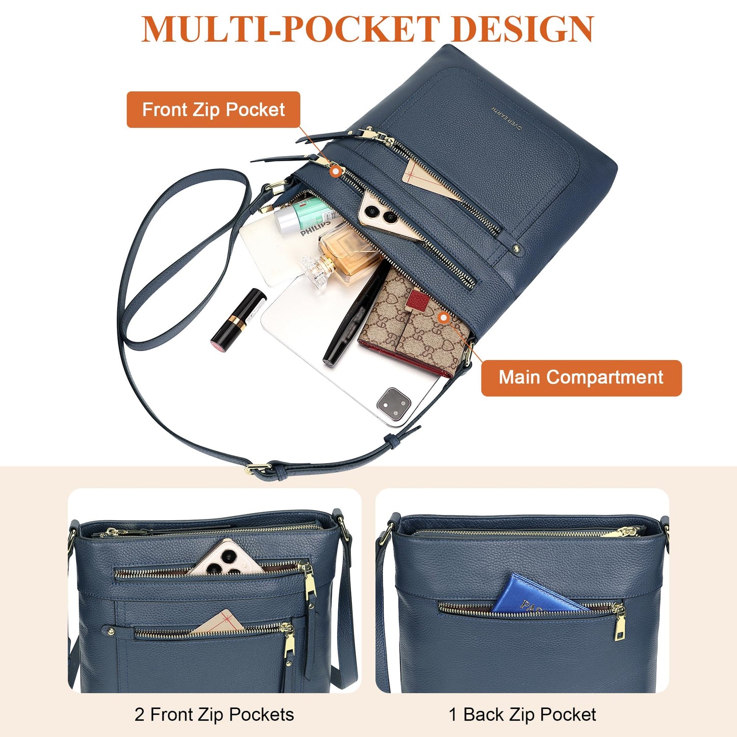 Over Earth Crossbody Bags for Women Leather Purses for Ladies with Multiple Pockets(O199E Indigo Blue)