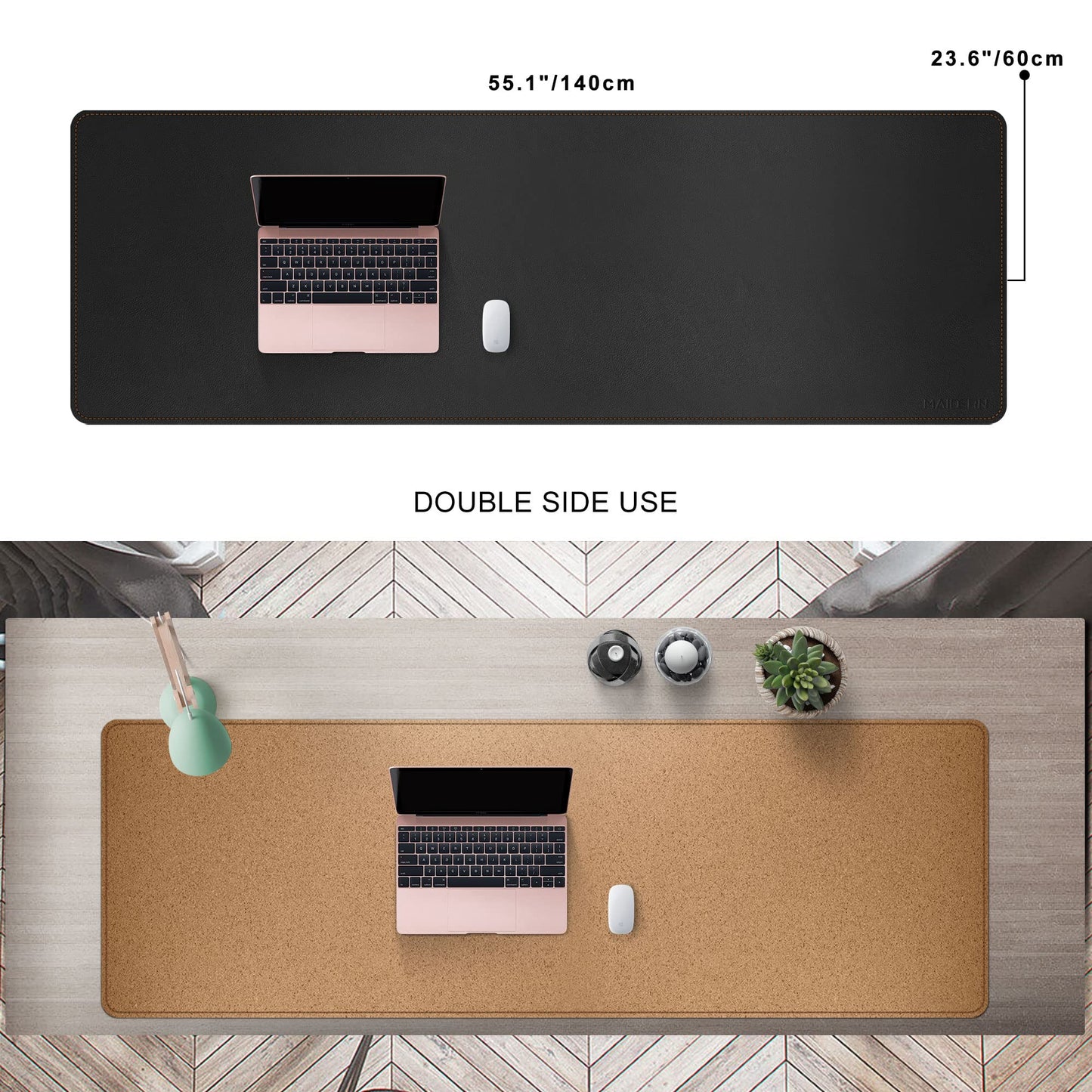MAIDERN 55” x 24” Cork & Leather Desk Pad, Large XXL Desk Mat, Full Desk Mouse Pad, Dual Sided Desk Pad, Desk Pad Protector for Gaming Home Office (Black)