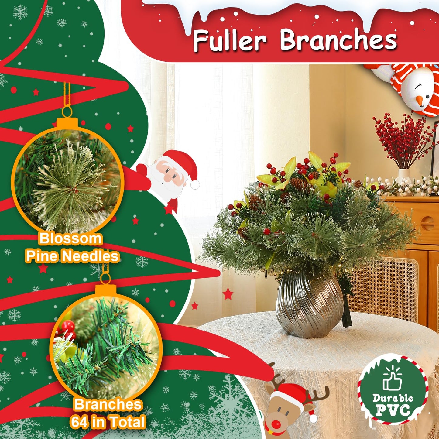 JOYHALO 2 Pack Set 18 Inch Christmas Urn Filler with 60 Warm White Lights, Battery Box with Timer, Xmas Pot Fillers with Branches Berries Pinecones, Outdoor Xmas Trees for Porch Pathway Yard Decor