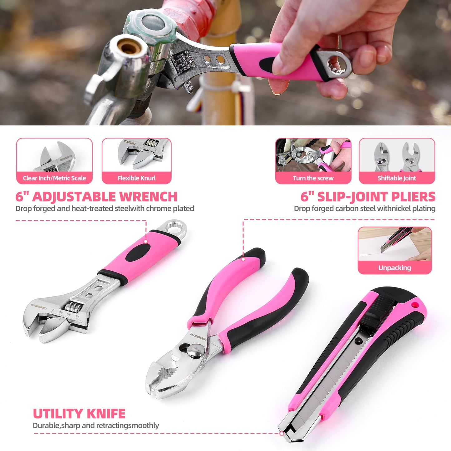 URASISTO 125 PCS Pink Household Tool Set, Pink Ladies Basic House DIY Toolkit Set for Home Garage Office College Dormitory Use, Hand Tool Kits for Women
