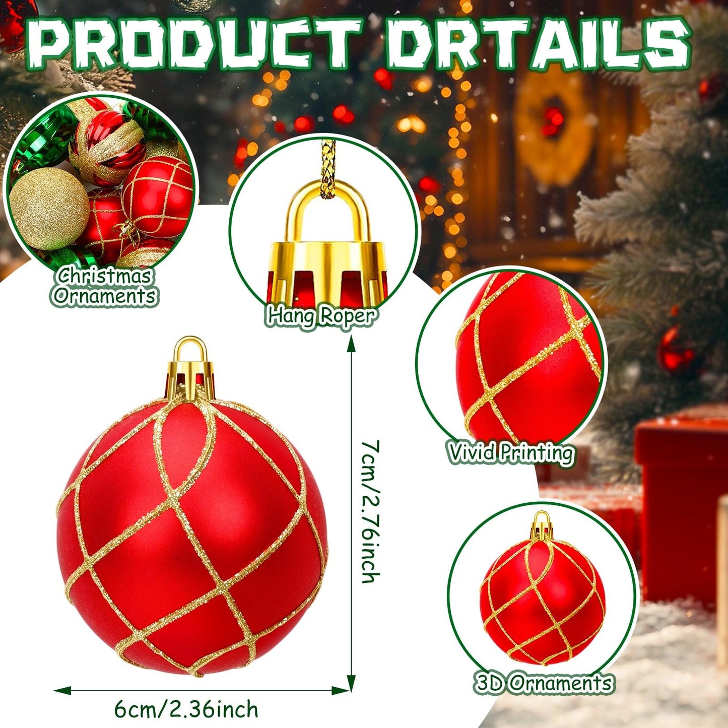 JULMELON 24PCS Christmas Ball Ornaments Hanging Balls Red Green Gold Shatterproof Decorations for Xmas Tree Home Decor for Party Holiday Wedding Anniversary DIY Craft Decor Supplies (2.36 Inches/60MM)