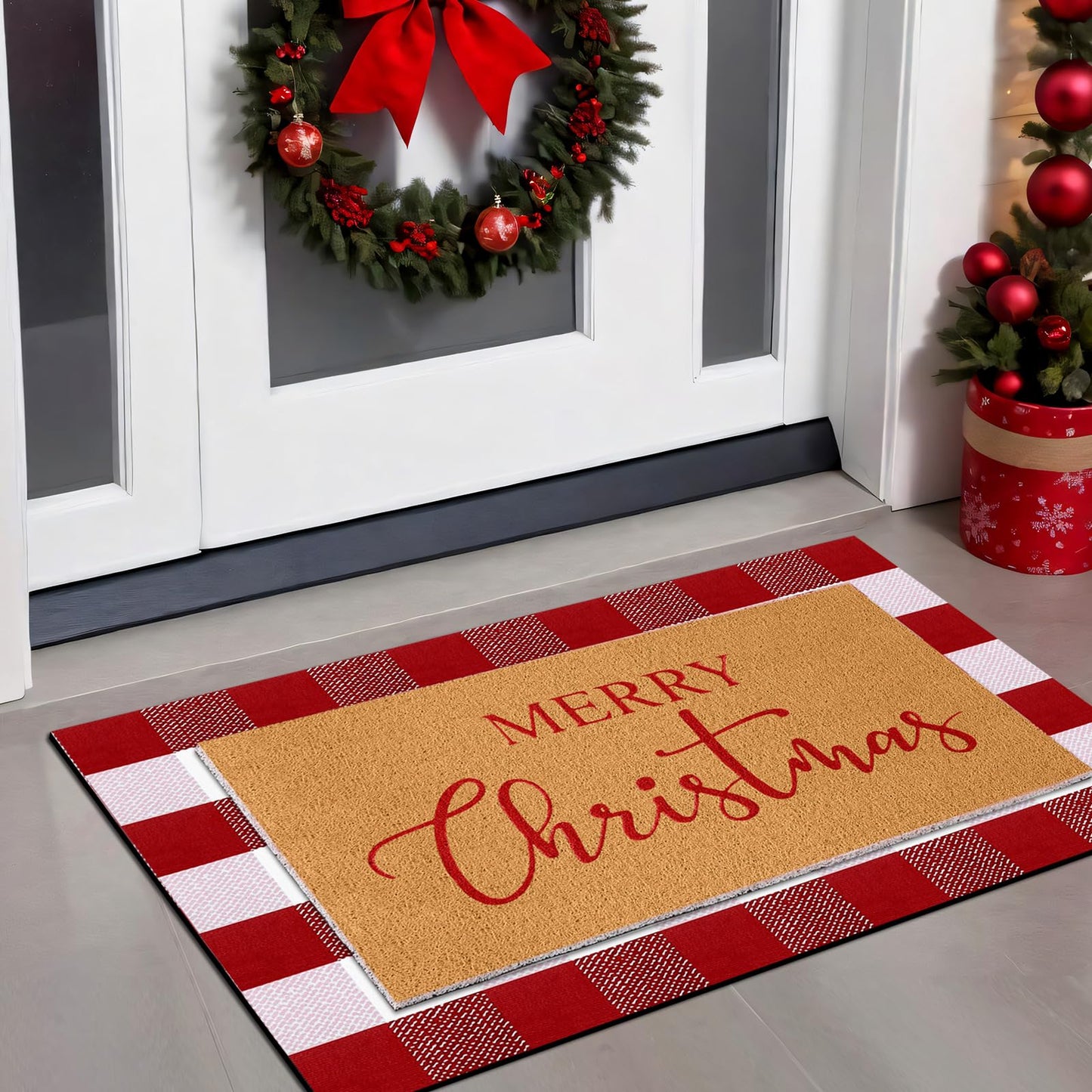 Duraaamo 2 Pcs Christmas Doormat Merry Christ Non Slip Outdoor Rug Xmas Welcome Layered Buffalo Floor Mats for Front Porch Entryway(Red White,Plaid)