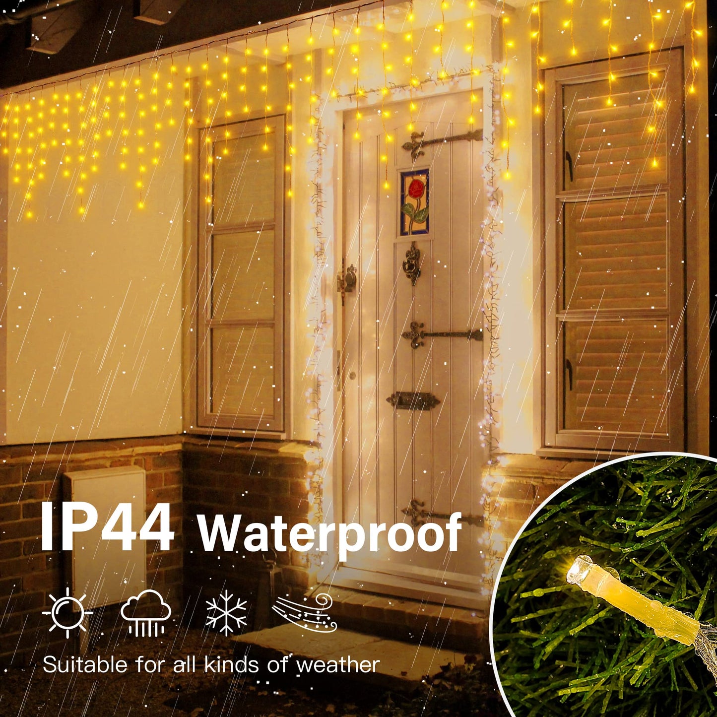 Hopolon 33FT 360L LED Christmas Icicle Lights Outdoor Waterproof,8 Modes Plug in Curtain String Lights with 60 Drops for Wedding, Party, Bedroom, Home, Garden, Wall Decorations(Warm White)