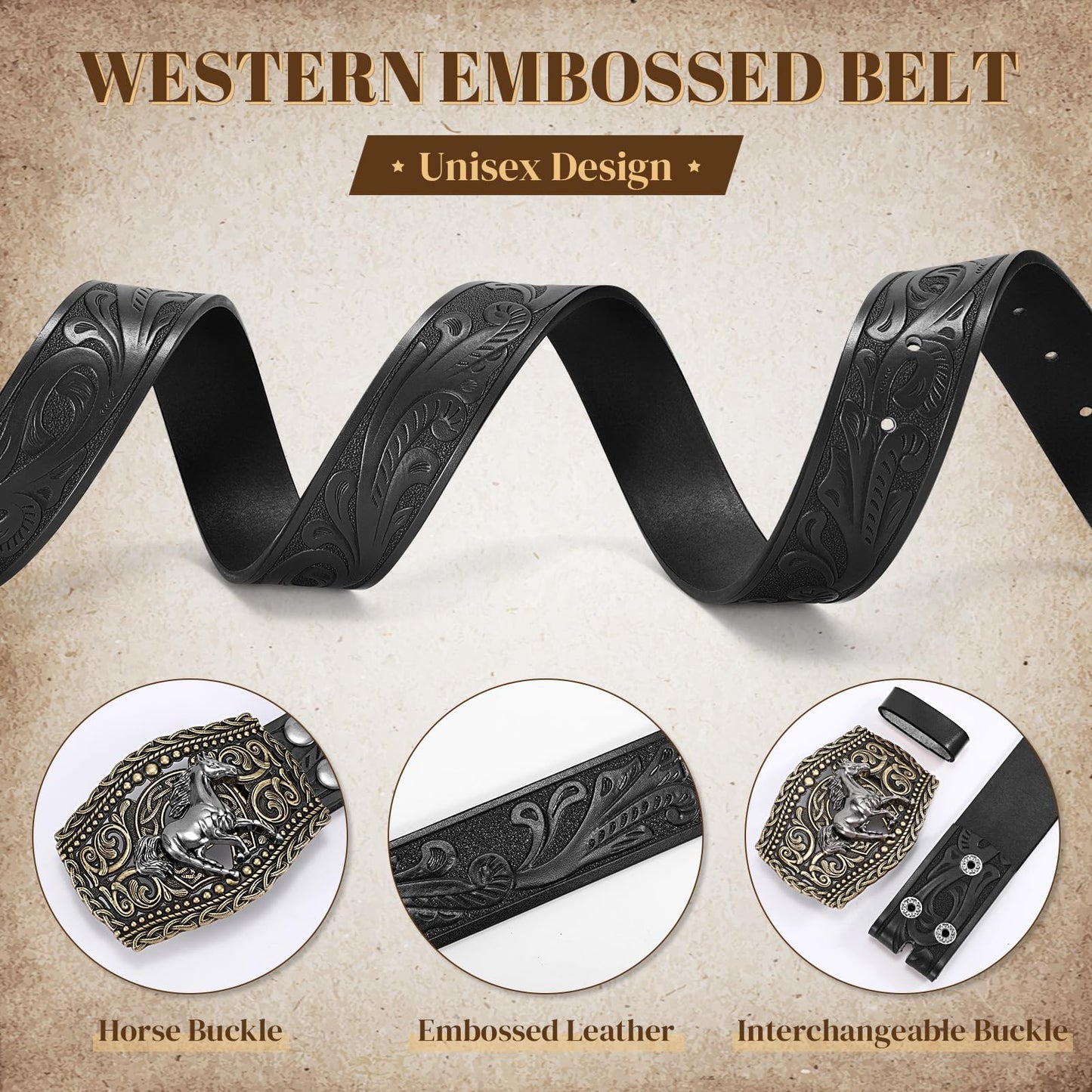 LALATCH Western Cowboy Belts Western Belts for Women Men Cowgirl Cowboy Belt Buckles Leather Cowboy Belt for Men Rodeo Outfit, Gold Horse/Black Belt