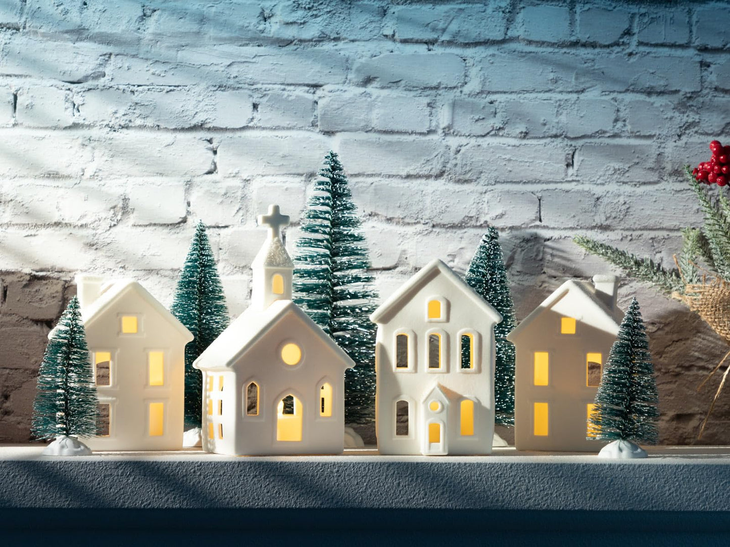 BUTITNOW 9 Pcs Christmas Village Figurines Sets - 4 Lighted Ceramic Houses with Remote Control & 5 Trees - Christmas Decorations Indoor - White Xmas Holiday Farmhouse Rustic Decor for Home Table Room