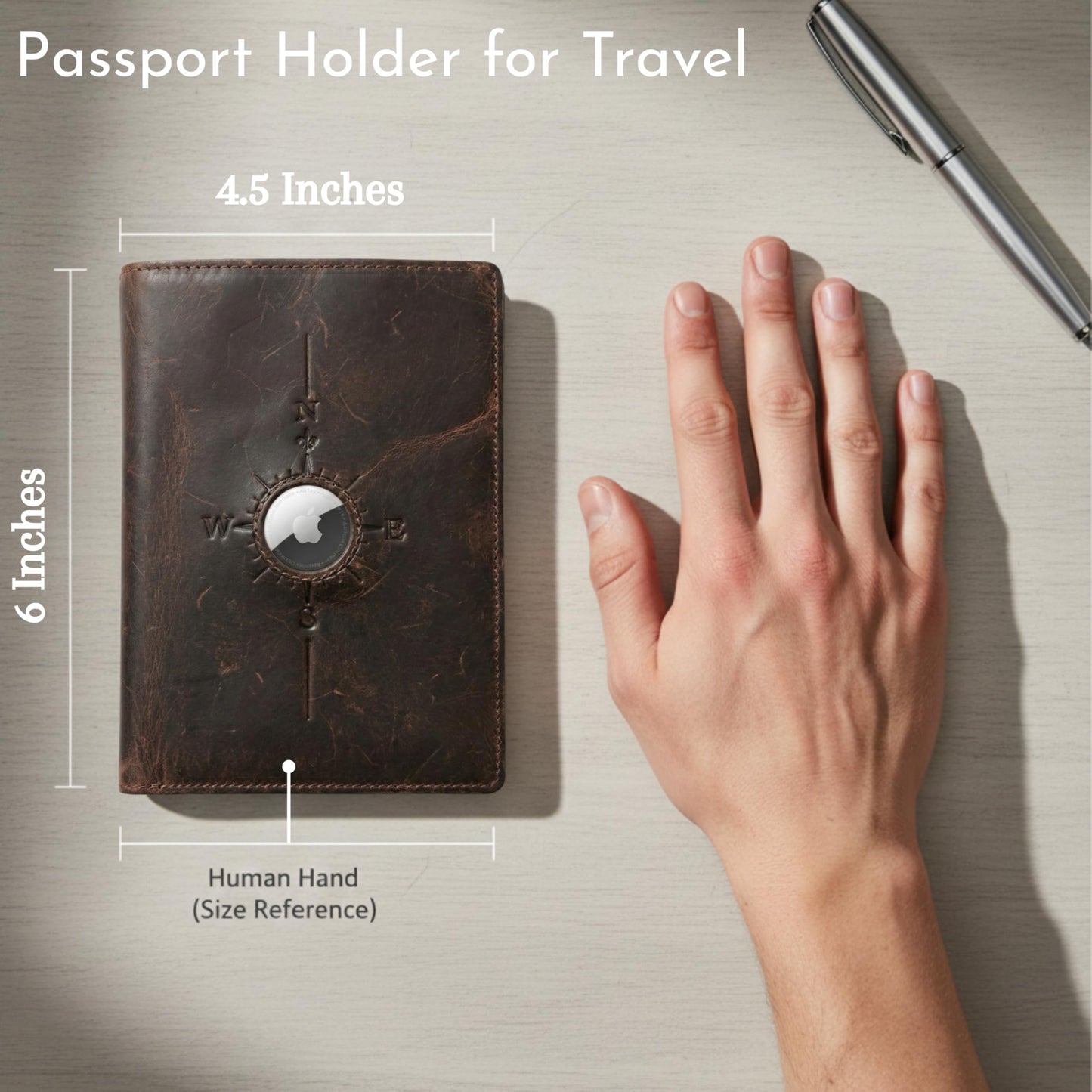 SETTINI Passport Holder for Travel with AirTag Holder – Genuine Leather RFID Blocking Wallet with Compass Design, 6 Card Slots & ID Window, Gift-Ready Box (AirTag Not Included)