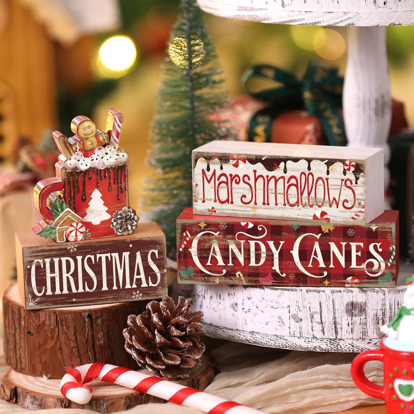 Moucuny 4 Pcs Christmas Hot Cocoa Table Decor Christmas Wooden Decorative Signage Hot Cocoa Tiered Tray Decor Xmas Centerpieces Farmhouse Wooden Block Set Xmas Table Sign for Home