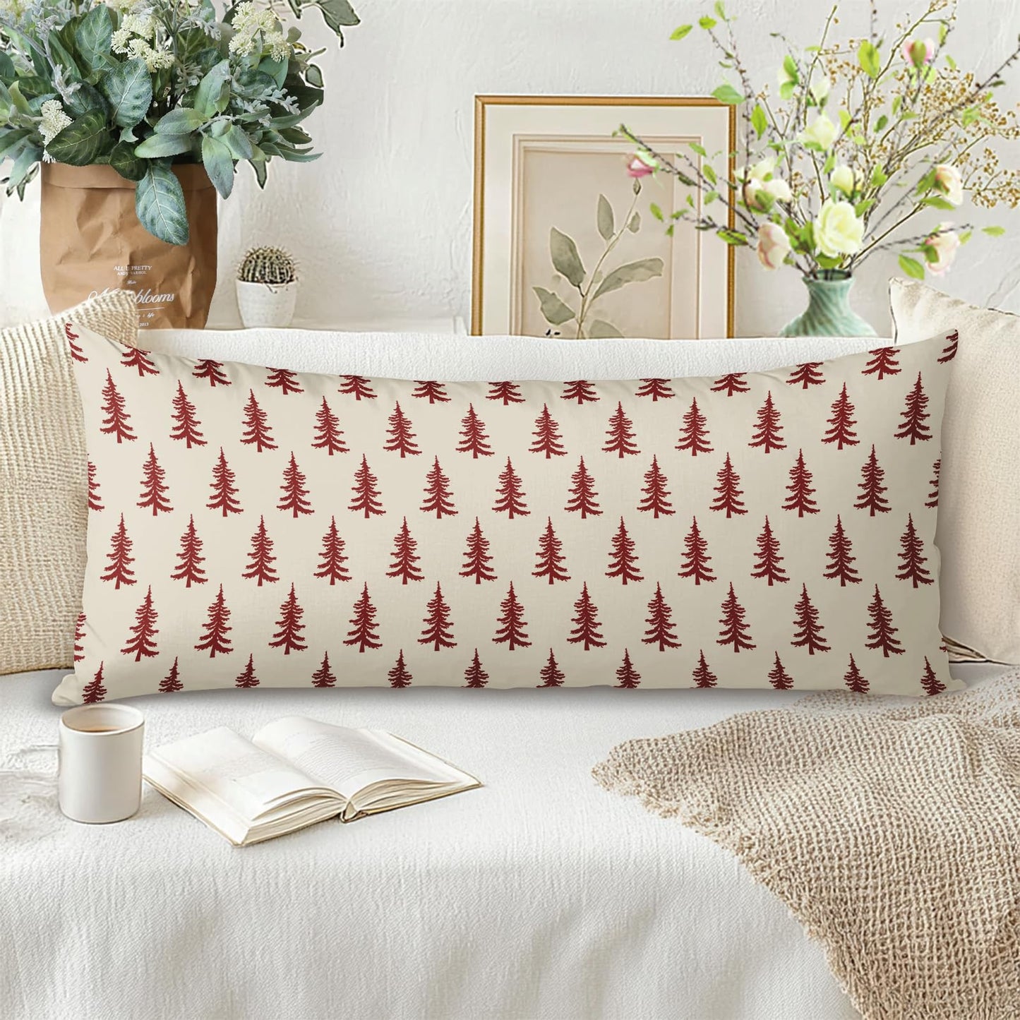 Christmas Pillow Cover 14x36 Inch Red Cream Tree Xmas Holiday Print Decorative Long Throw Pillowcases Outdoor Winter Seasonal Rustic Farmhouse Lumbar Rectangle Cushion Case Decor for Couch Sofa Bed