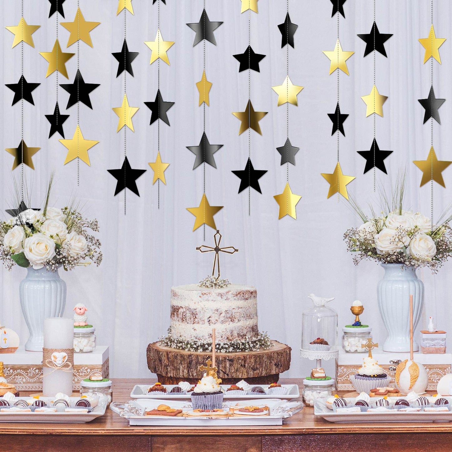 Patelai Glitter Star Garland Banner 2026 Graduation Decor 130 Feet Star Hanging Banner Twinkle Backdrop for Party Birthday Classroom Wedding Supplies(Black, Gold)