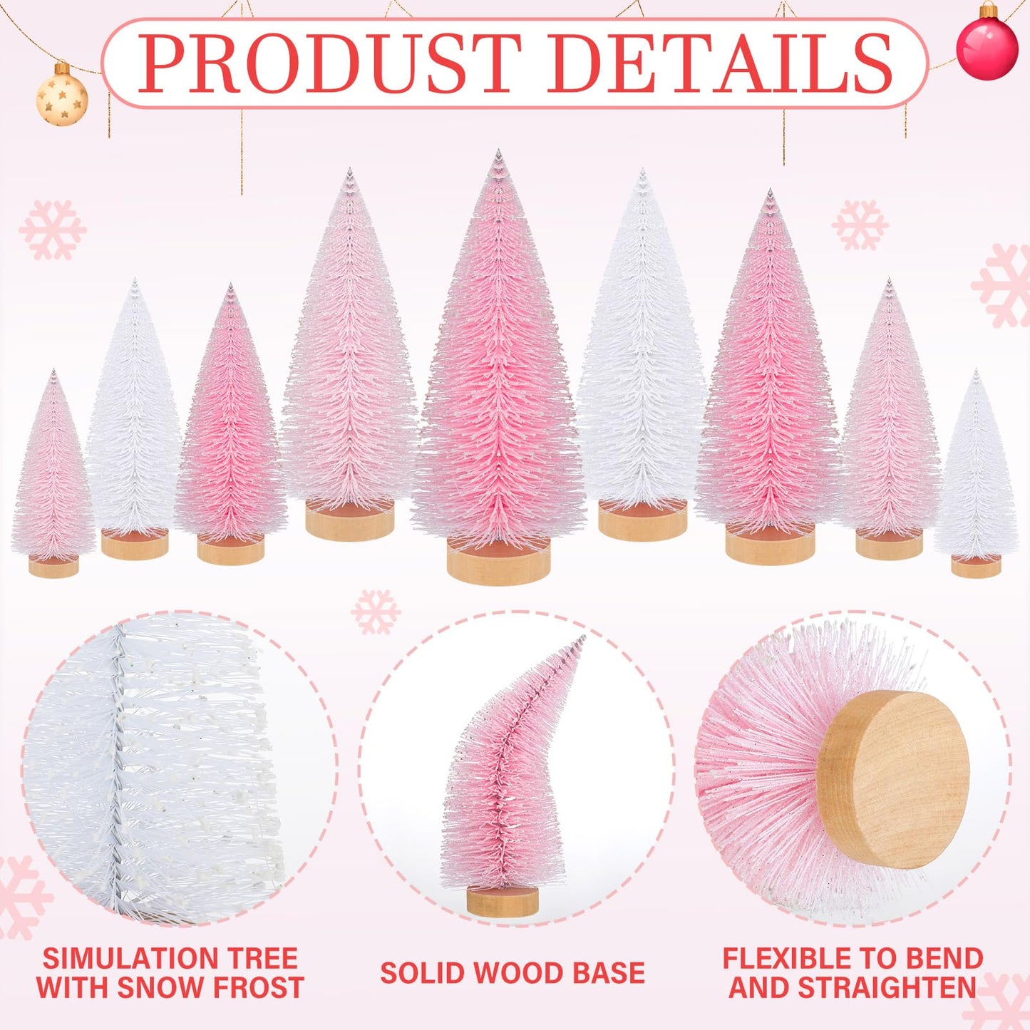Leyndo 9 Pcs Pink Classic Artificial Mini Christmas Tree Sisal Bottle Brush Trees with Wood Base Christmas Pine Trees for Autumn Winter Holiday Home Kitchen Party Decor