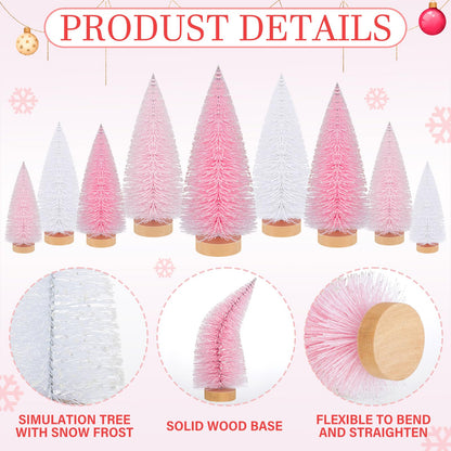 Leyndo 9 Pcs Pink Classic Artificial Mini Christmas Tree Sisal Bottle Brush Trees with Wood Base Christmas Pine Trees for Autumn Winter Holiday Home Kitchen Party Decor