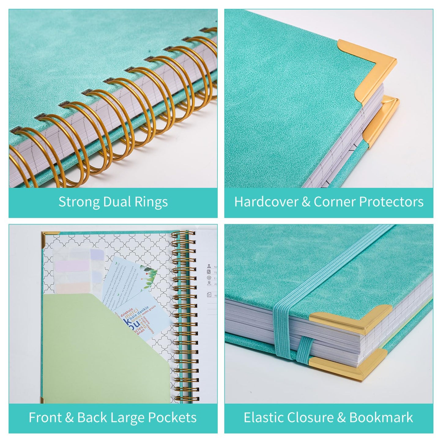 Spiral Notebook, 365 Page Hardcover Leather Notebook Journal, Large B5 Lined Journal for Women Men, College Ruled Notebooks for Work School, Journals for Writing, 24pcs Index Tabs, 8" x 10", Teal