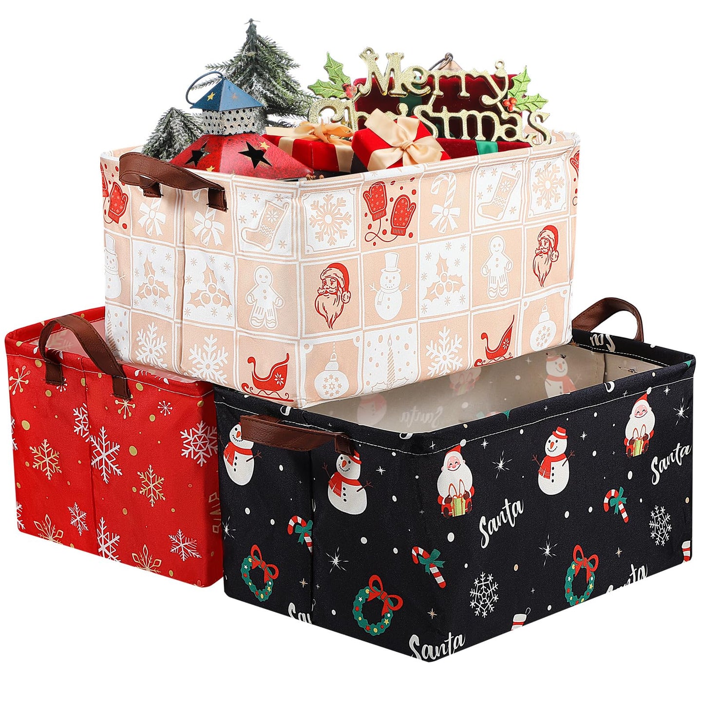 Yoojahow 3 Pack Xmas Christmas Storage Baskets Waterproof Canvas with Leather Handles Collapsible Storage Bins Cube Red Black Baskets for Closet Clothes Room Decor Gift Basket