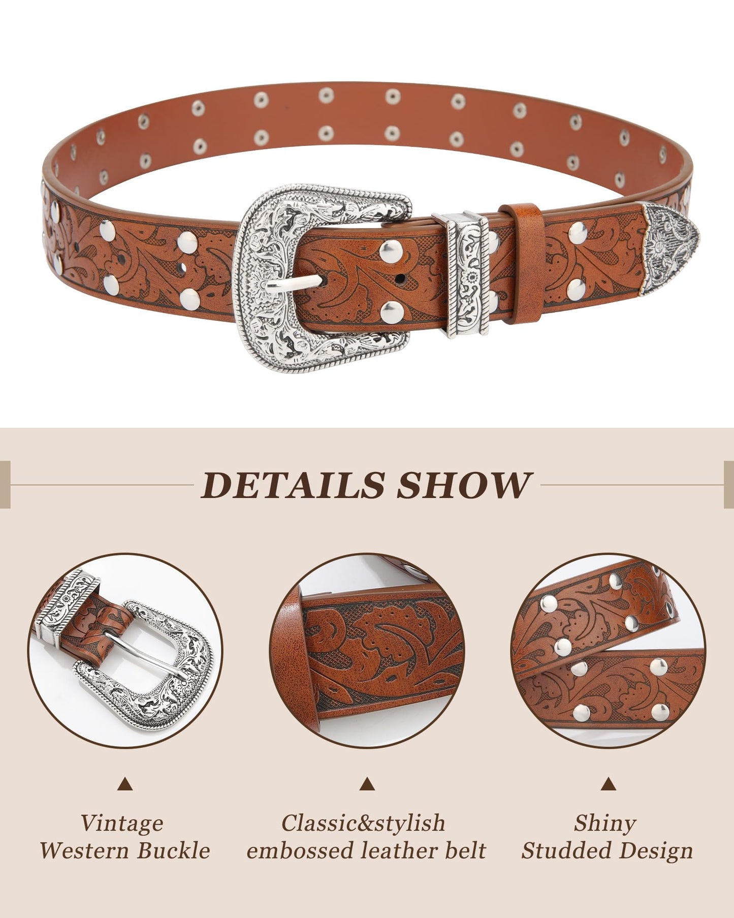 Kajeer Western Belt for Women, Women Cowboy Belt Vintage Engraved Rivet Cowgirl Country PU Leather Belt for Pants Jean