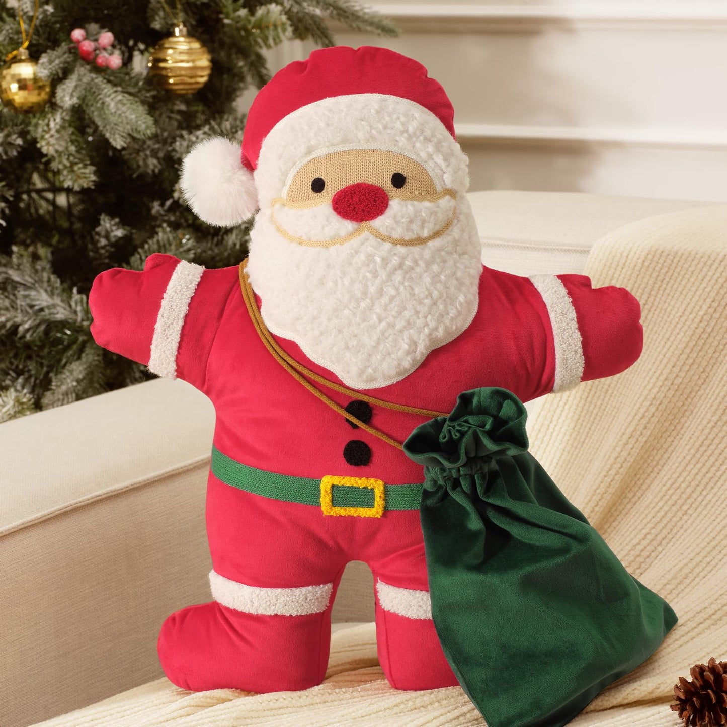 Phantoscope Merry Christmas Throw Pillow, Velvet Santa Claus Shaped Pillow with Sherpa Beard & Gift Bag Plush Xmas Decorative Pillow for Couch, Red, 19.5×16.5 inch