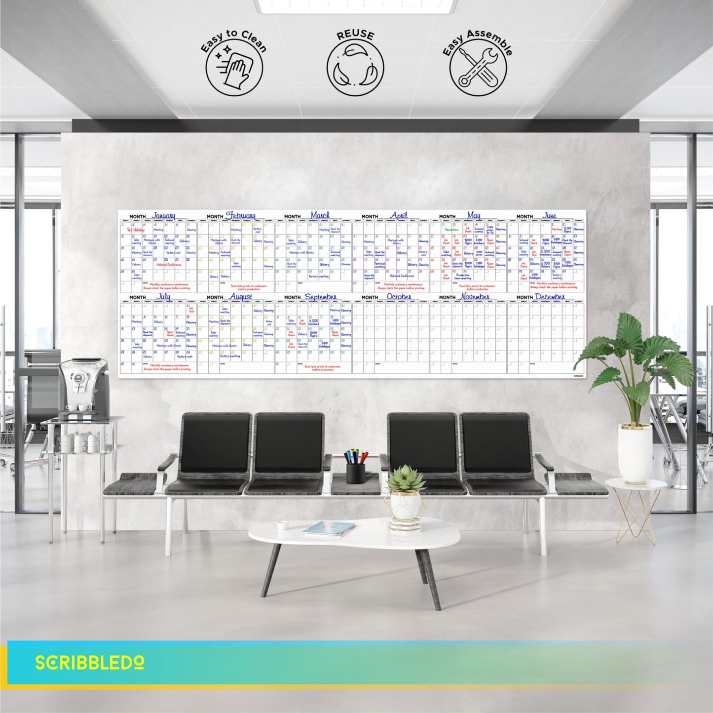 Extra Large 100"x36" Dry Erase Monthly Planner – 12-Month Whiteboard Calendar Includes 6 white Board Markers Eraser Push Pins & Mounting Tape