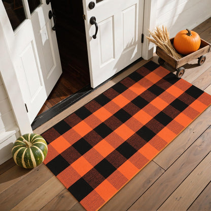 LEEVAN Halloween Outdoor Rug 2x4, Buffalo Plaid Fall Decor Washable Orange and Black Checkered Entryway Rugs, Small Front Porch Door Mat, Cotton Woven Layered Carpet for Farmhouse/Kitchen/Bathroom