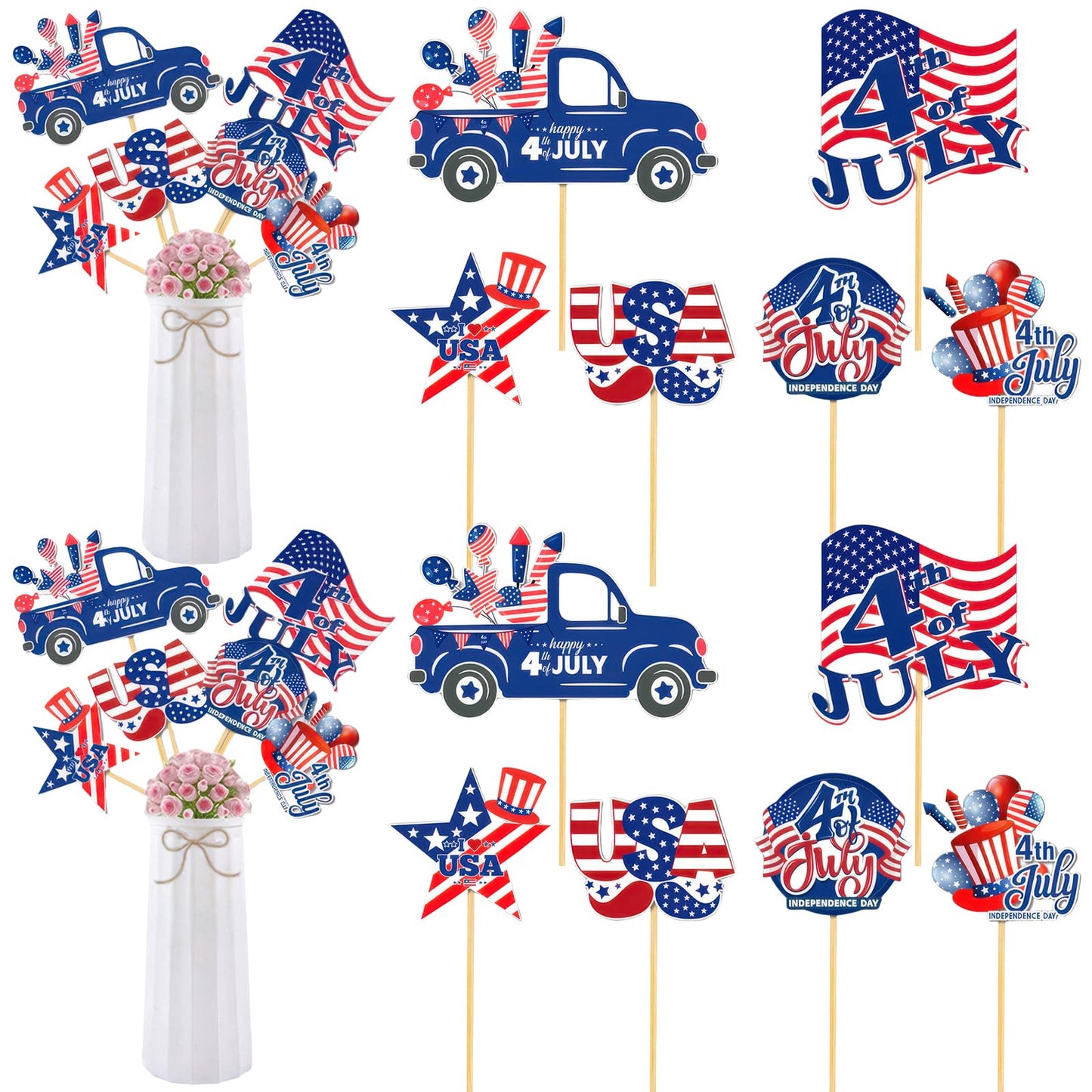 12 Pcs 4th of July Centerpiece Sticks Floral Picks Red White Blue American Flag Truck Stars Stripes Patriotic Cake Bouquet Tabletop Decoration for Independence Day Vase Filler Photo Prop Party