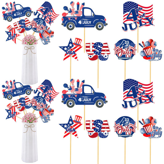 12 Pcs 4th of July Centerpiece Sticks Floral Picks Red White Blue American Flag Truck Stars Stripes Patriotic Cake Bouquet Tabletop Decoration for Independence Day Vase Filler Photo Prop Party