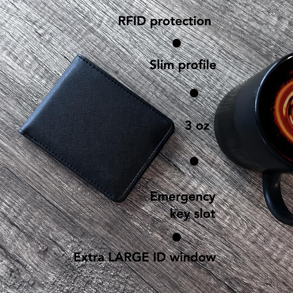 CardGear RFID Blocking Full Size Bifold Wallet with 8 Card Slots, 1 Key Pocket, Cash Divider, and Large ID window, Come with ECO-friendly Gift Box (Vegan Leather, Black)