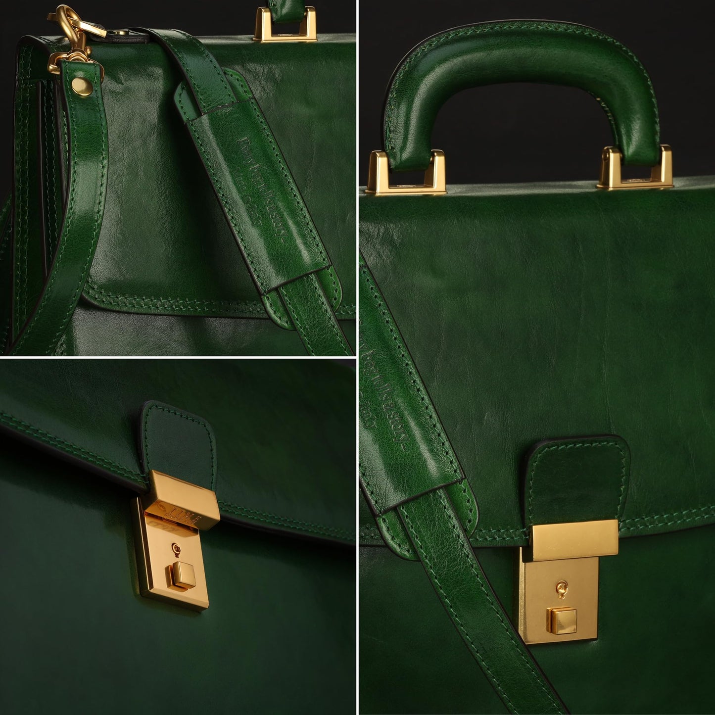 Time Resistance Leather Briefcase - Italian Handmade Leather Laptop Bag - Handbag for Men - Professional Computer Case (Green)