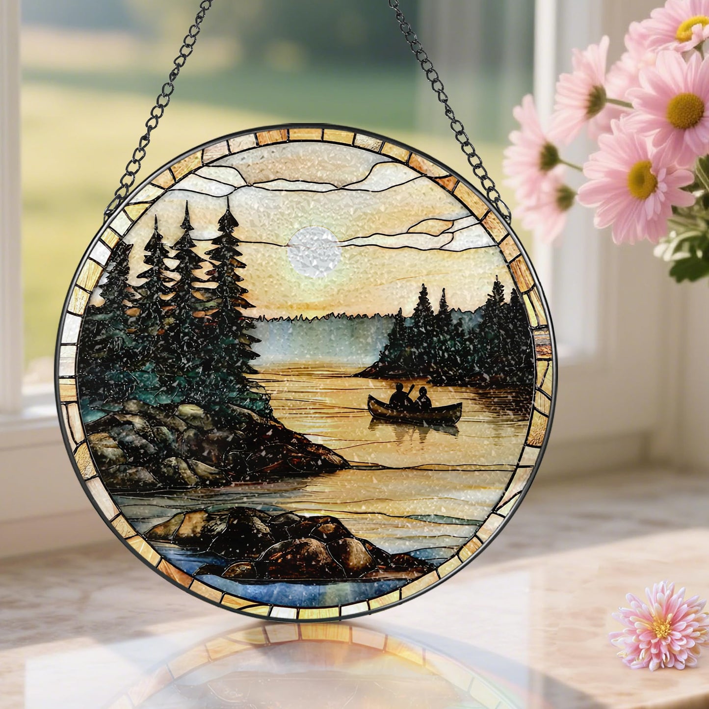 8-Inch Stained Glass Ornament, Stained Glass Window Hanging, Window Hanging Decor Suncatcher, Canoe Lake Sunset Ornament | Christmas, Mother’s Day, Birthday | Gifts for Nature Lovers, Mom & Friend