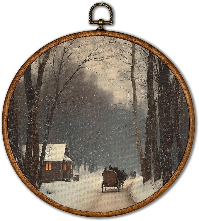 KSDUT Vintage Winter Wall Decor Art - Snowy House Wall Art Canvas Frame Hanging Prints, Retro Xmas Forest Woodland Wild Animal Round Wall Art Decor for Home Farmhouse Decorations 10"x10"