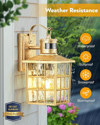 VIANIS Gold Outdoor Wall Lights, 2 Pack Motion Sensor Exterior Lights for House Wall Mount Sconce Lamp, Dusk to Dawn Porch Light Fixture, Golden Outside Garage Light Lantern with Tempered Ripple Glass