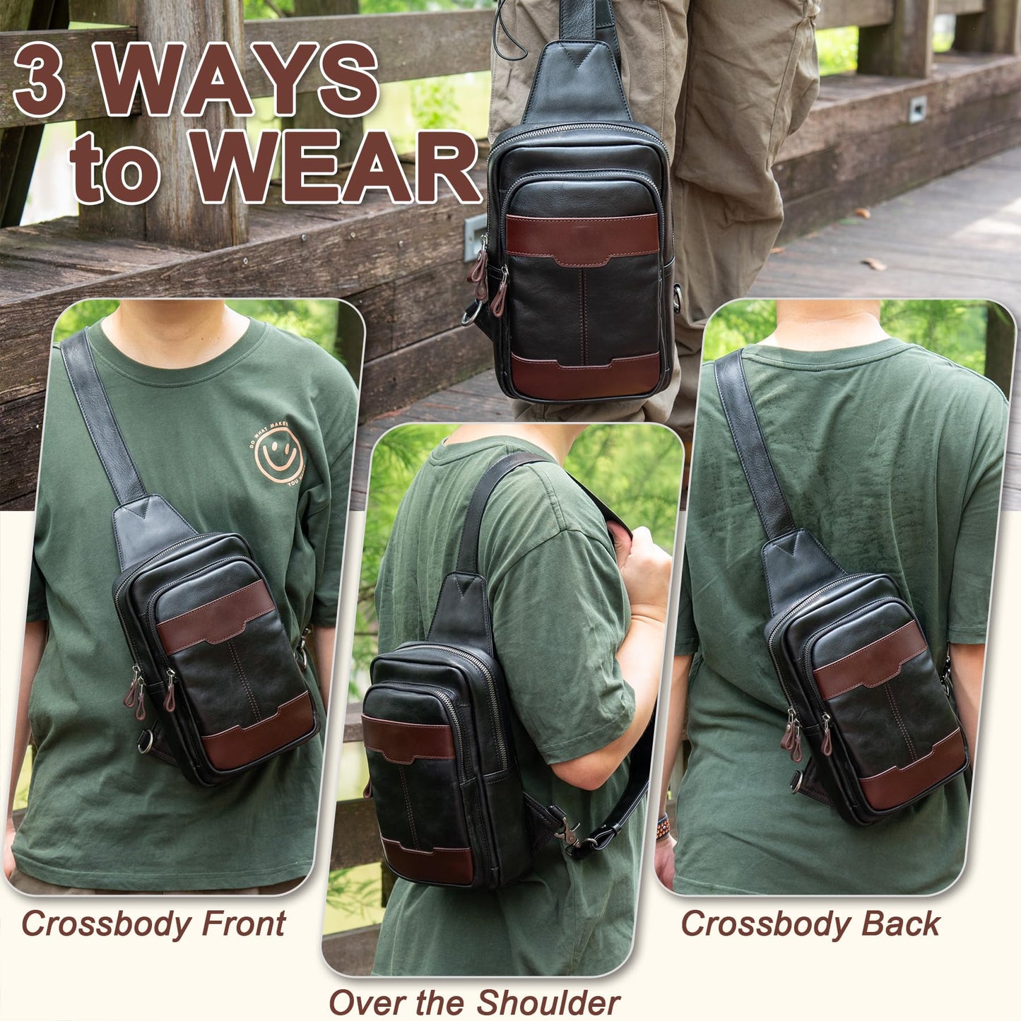 CENUNCO Genuine Leather Sling Bag for Men and Women Crossbody Shoulder Bag Side Sling Backpack Chest Purse Cross Body Casual Daypack