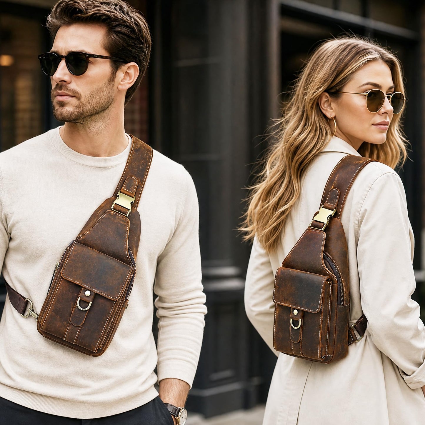 Handadsume Genuine Leather Hiking Travel DayPack Sling Crossbody Triangle Chest Pack Bag For Men Women 8241 (Coffee 258204)