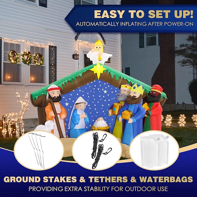 8 FT Christmas Inflatables Nativity Scene Outdoor Decorations, Christmas Blow Up Yard Decorations Nativity Sets for Garden Lawn Xmas Decor